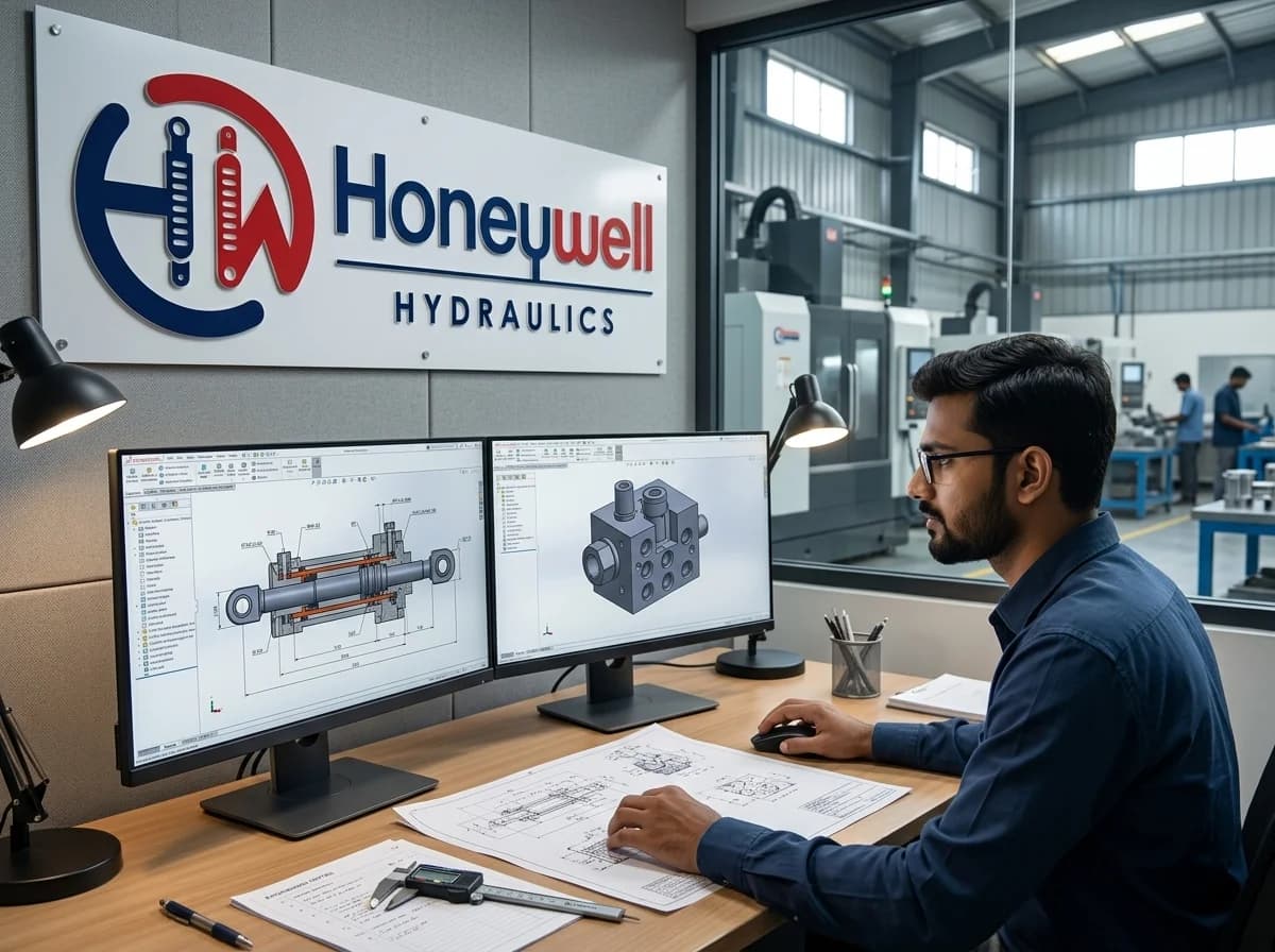 CAD engineering workstation designing precision hydraulic cylinders at Honeywell Hydraulics Ahmedabad facility