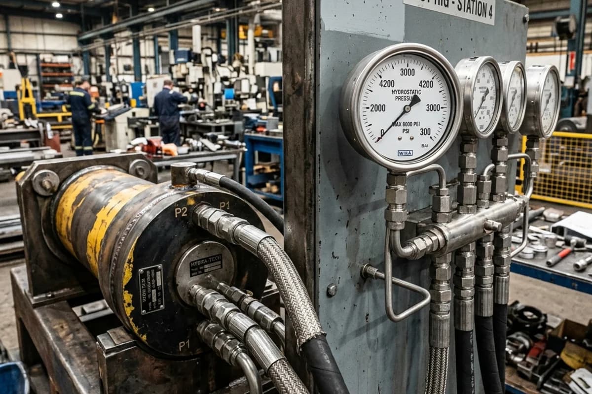 Quality control engineer conducting 400 bar hydrostatic pressure testing on custom hydraulic cylinder