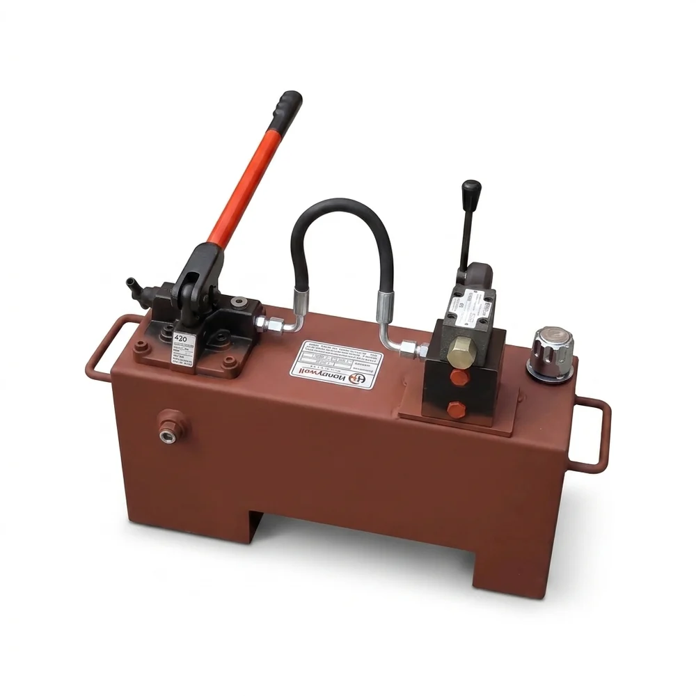 Hand Pump Operated Hydraulic Power Pack engineered by Honeywell Hydraulics featuring a high-pressure manual piston pump and steel reservoir.