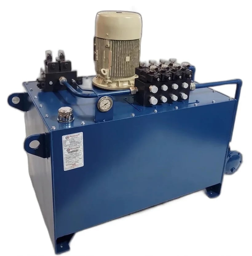 Hydraulic Power Pack engineered for industrial presses by Honeywell Hydraulics featuring high-pressure manifold and cyclic duty cooling system.